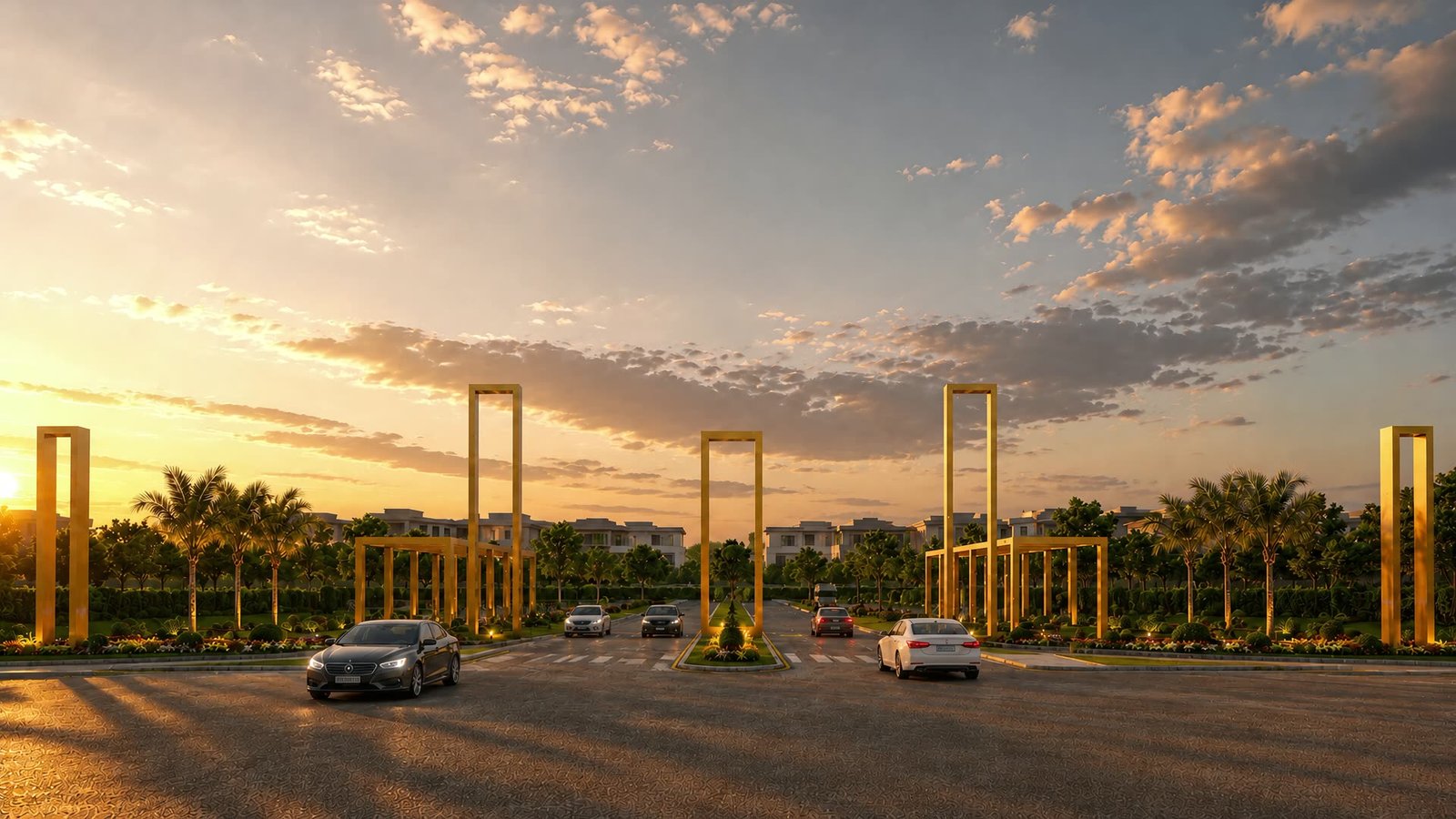 Modern golden portal entrance and landscaped boulevard at Nova Enclave
