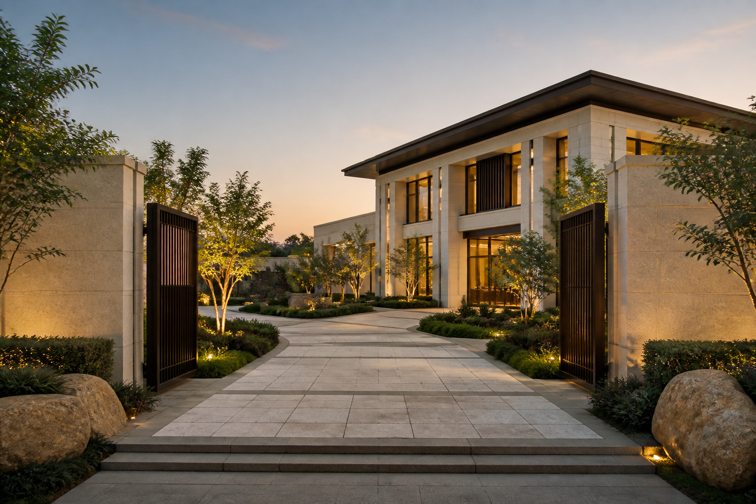 Golden-hour entrance and landscaped courtyard at Nova Enclave