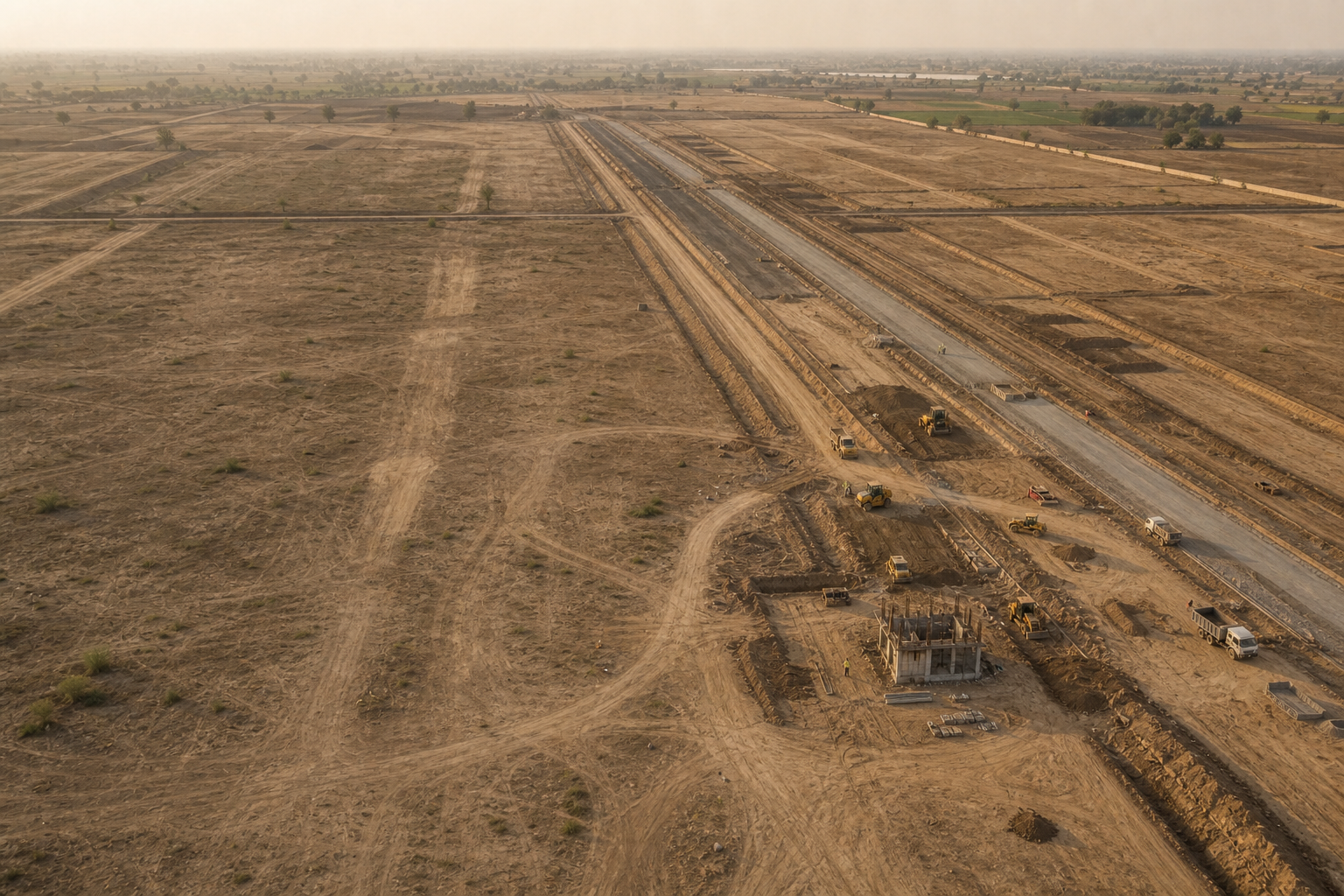 Eagle-view of the Nova Enclave site with mostly barren surveyed land and a smaller active road and utility construction zone